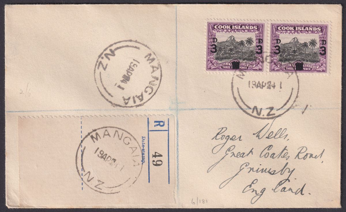 Cook Islands 1941 KGVI 3d on 1½d Pair Used Registered Cover w MANGAIA Postmark
