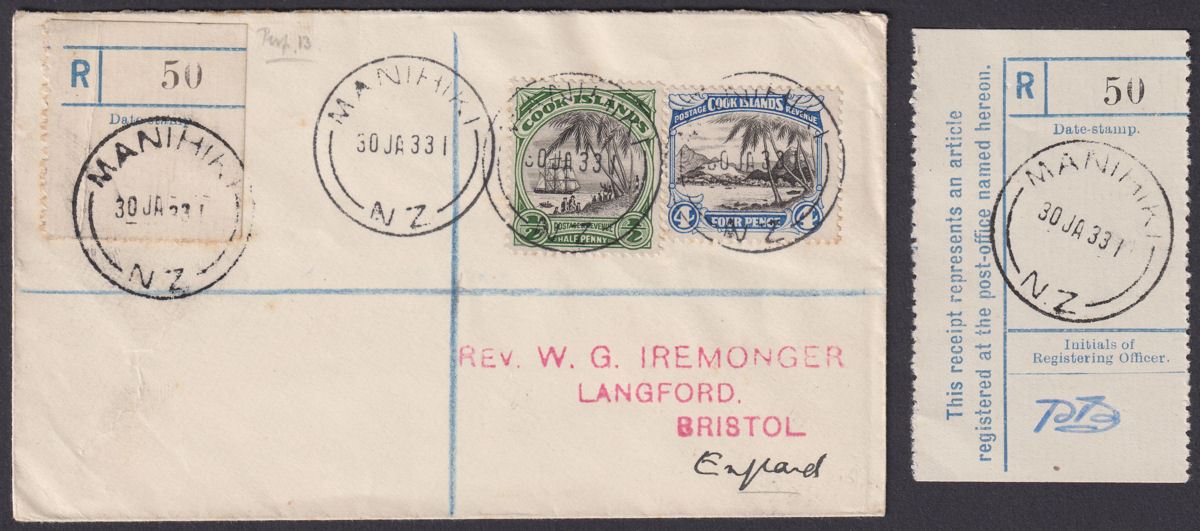 Cook Islands 1933 KGV 4d and ½d Used Registered Cover to UK w MANIHIKI Postmarks