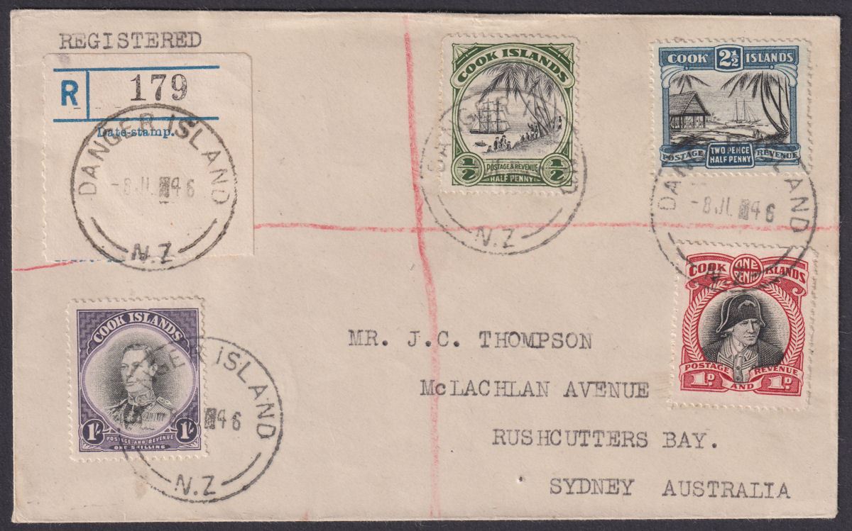 Cook Islands 1946 KGVI 1sh, 4d Used on Registered Cover w DANGER ISLAND Postmark