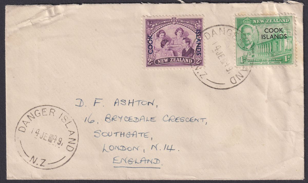 Cook Islands 1949 KGVI 2d, 1d Used on Cover to UK with DANGER ISLAND Postmark