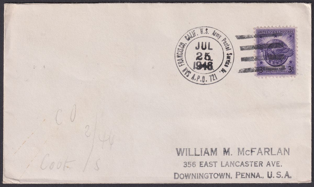 United States 1946 3c US Army Postal Service Cover - APO 721 (Aitutaki) Postmark