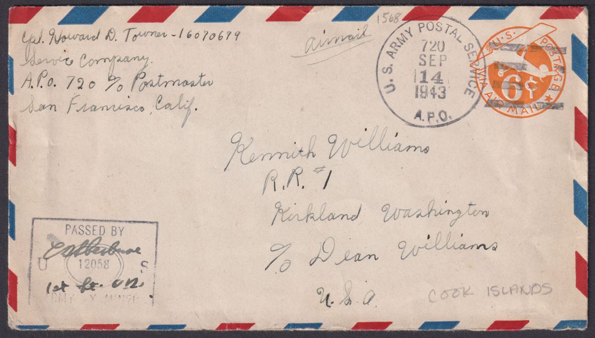 United States 1943 6c Postal Stat Airmail Cover with APO 720 (Penrhyn) Postmark