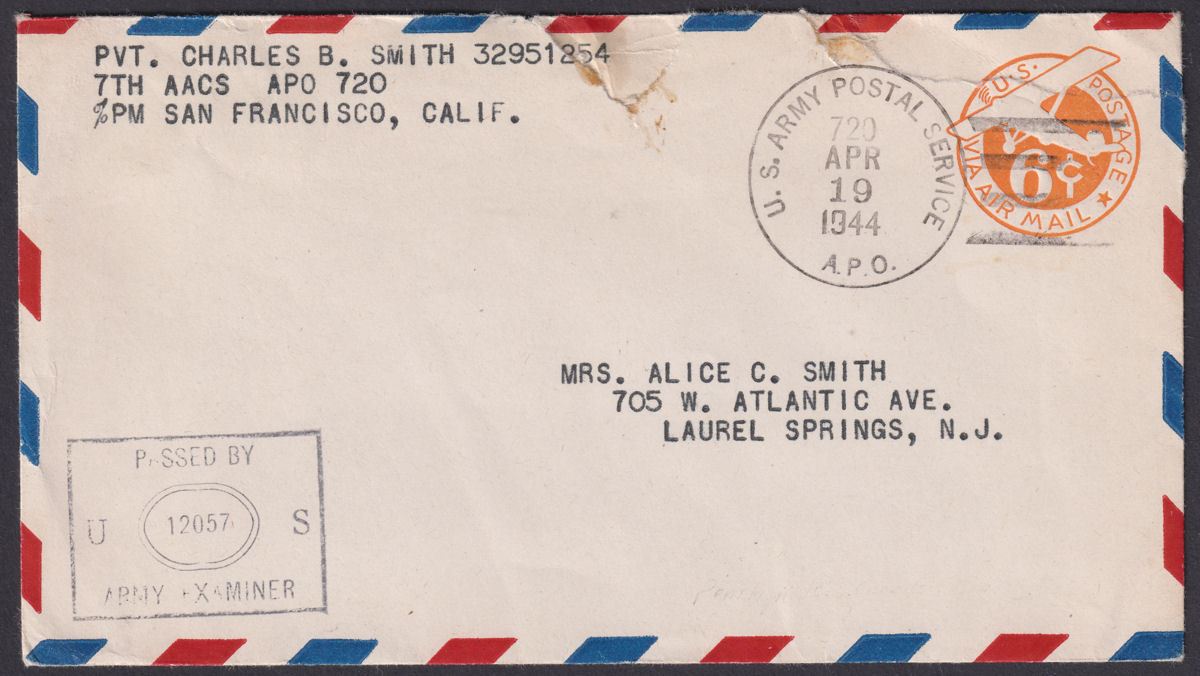 United States 1944 6c Postal Stat Airmail Cover with APO 720 (Penrhyn) Postmark