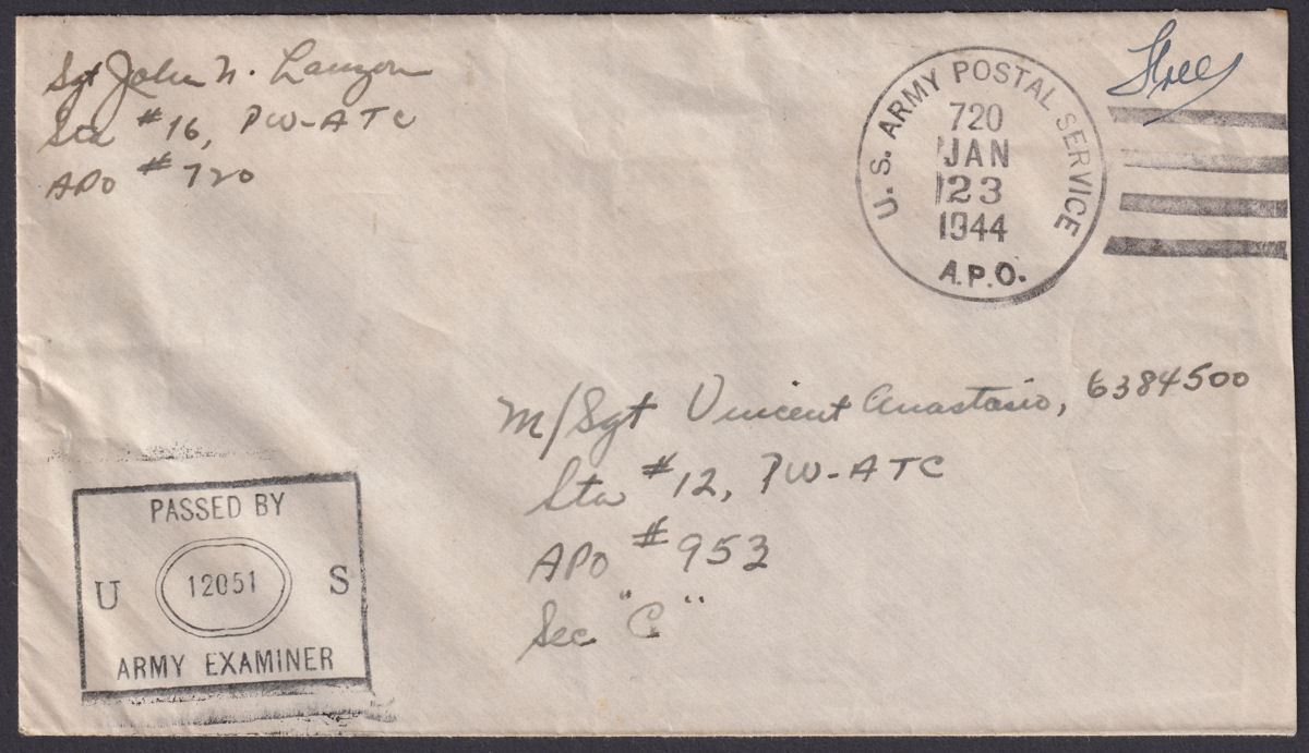 United States 1944 Unstamped Airmail Cover with APO 720 (Penrhyn) Postmark