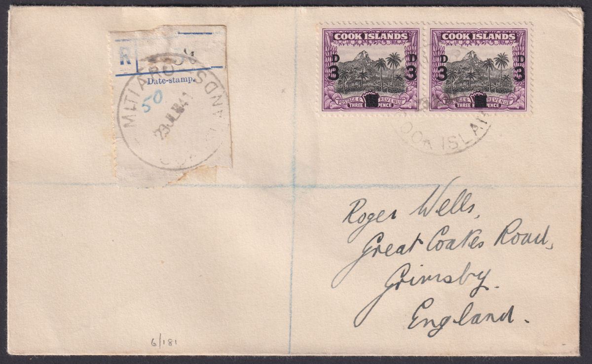 Cook Islands 1941 KGVI 3d on 1½d Pair Used Registered Cover w MITIARO Postmark