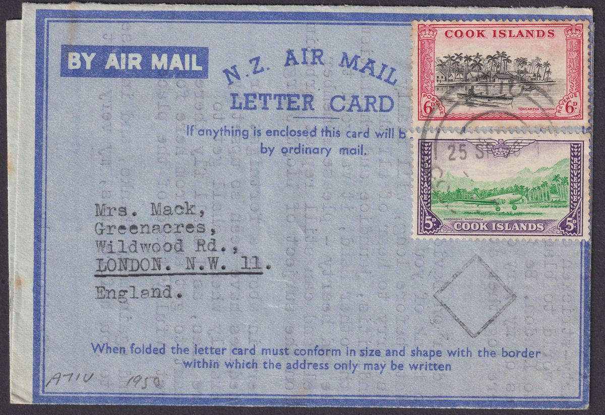 Cook Islands 1950 KGVI 6d, 5d Used on Air Letter to UK with ATIU Postmark