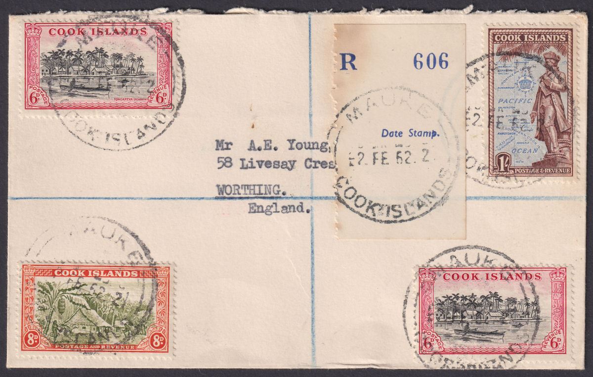 Cook Islands 1952 KGVI 1sh, 8d, 6d x2 Used on Registered Cover w MAUKE Postmarks