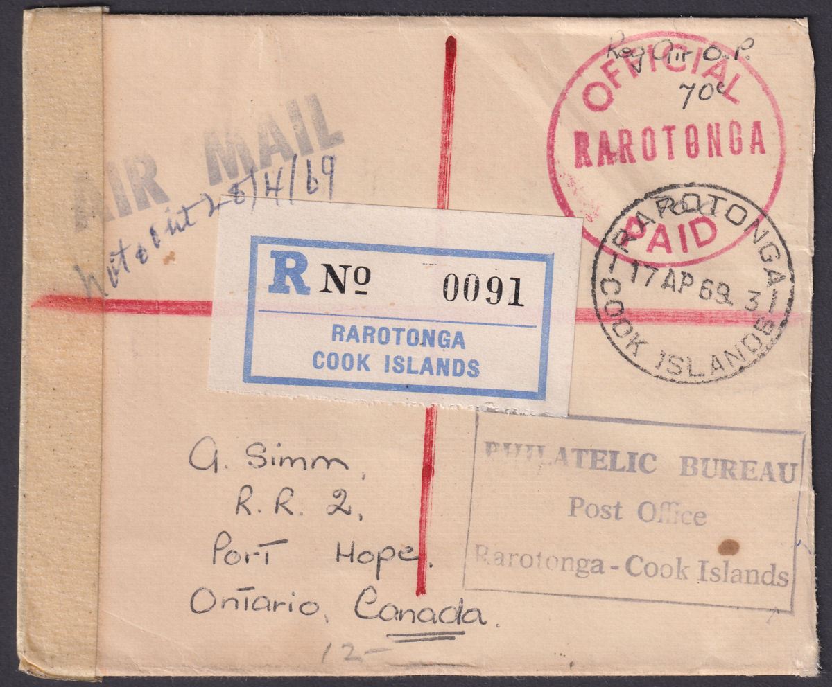 Cook Islands 1969 Official Paid Registered Airmail Cover Used Rarotonga - Canada