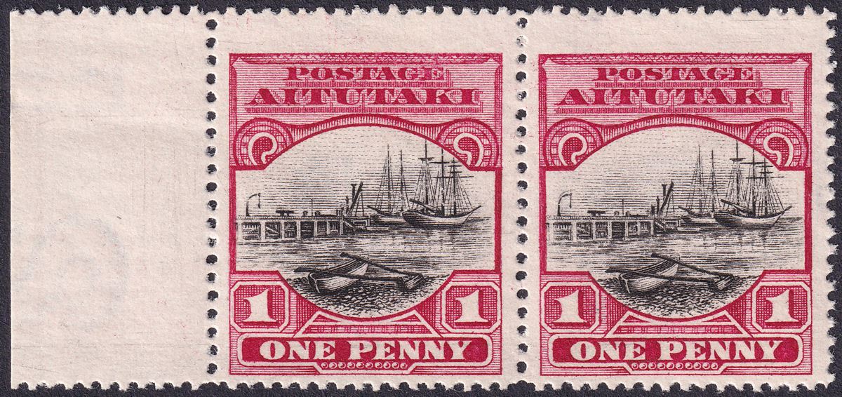Aitutaki 1924 KGV 1d Pair with Double Derrick Flaw Variety R5/2 Mint SG31a