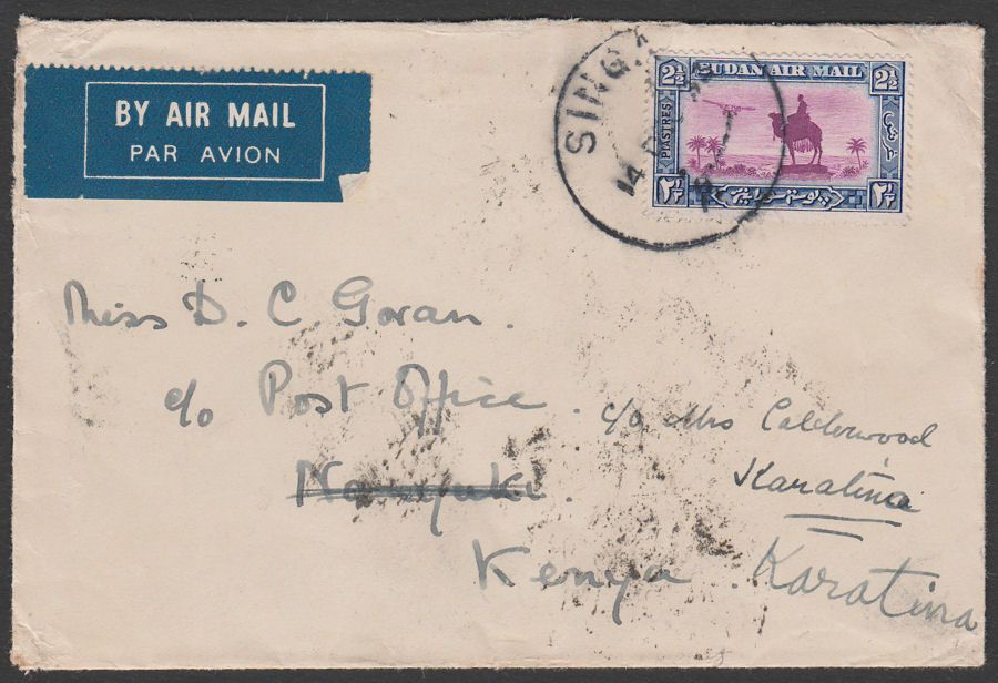 Sudan 1933 KGV Airmail 2½p Used on Airmail Cover SINGA to Kenya NANYUKI NYERI