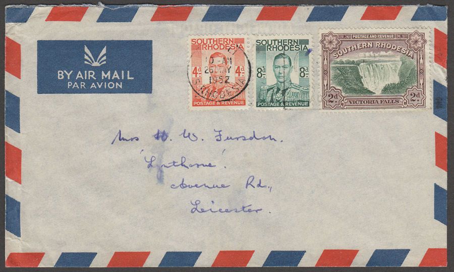 Southern Rhodesia 1952 KGVI 8d, 4d, 2d Used on Airmail Cover to UK