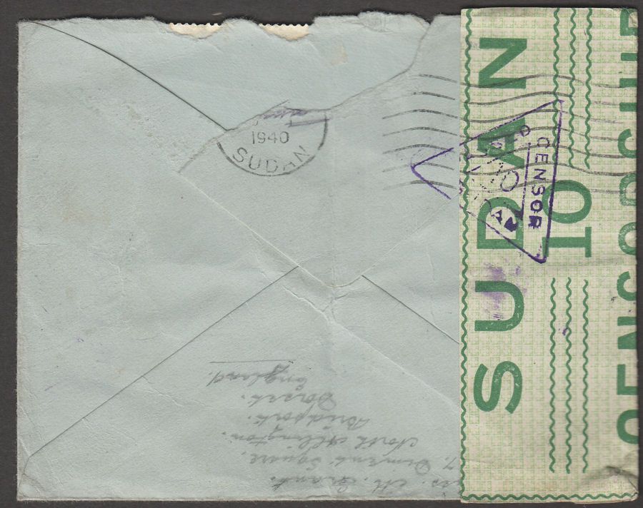 Sudan 1940 KGVI 5m x9 Used on Airmail Cover to UK with Censor Marks