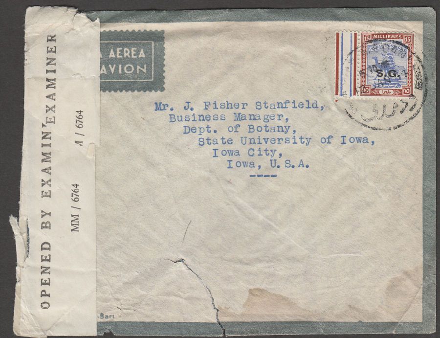 Sudan 1944 KGVI SG Official 15m Opt Used on Airmail Cover to USA with Censor