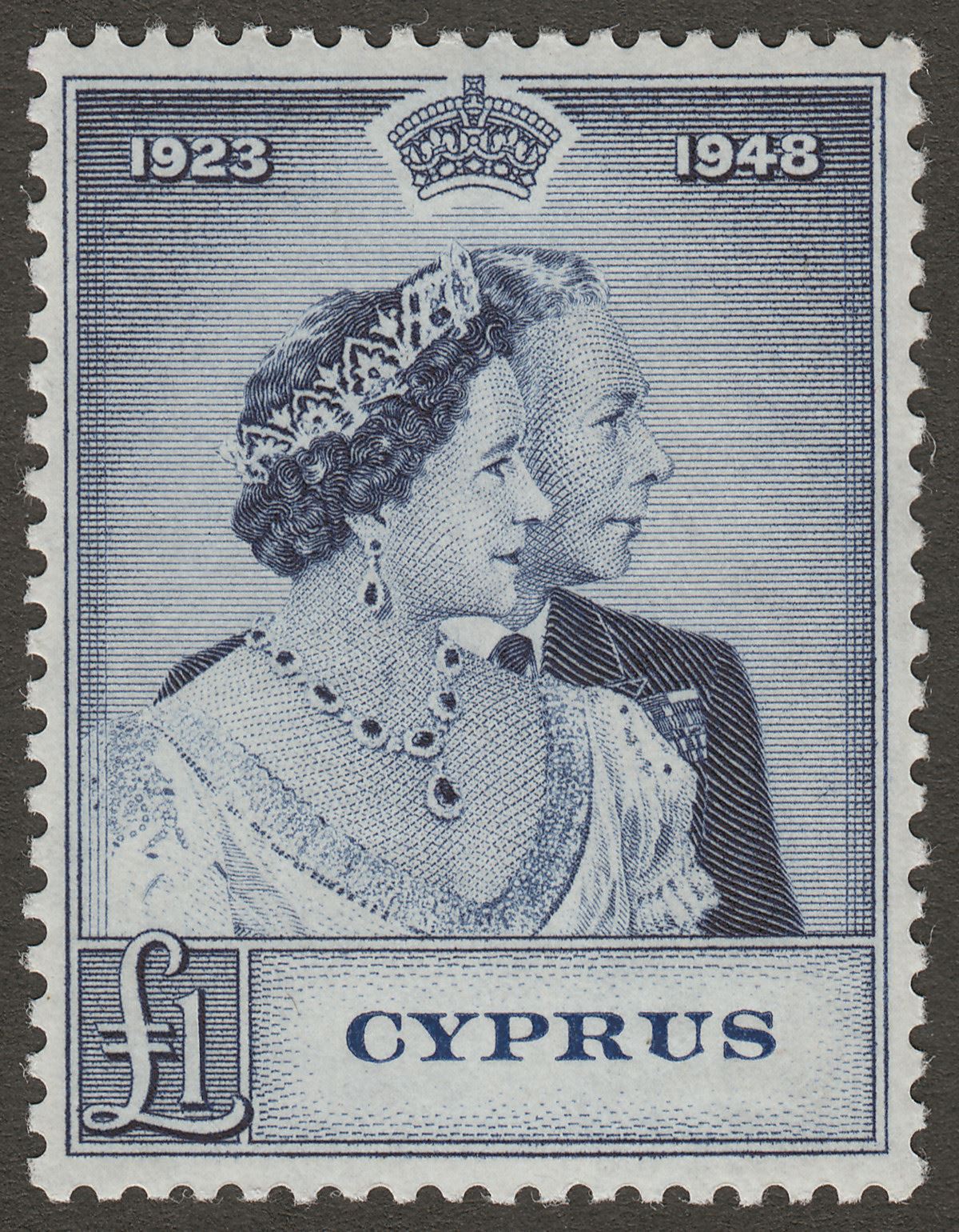 Cyprus 1948 KGVI RSW Royal Silver Wedding £1 Indigo Mint SG167