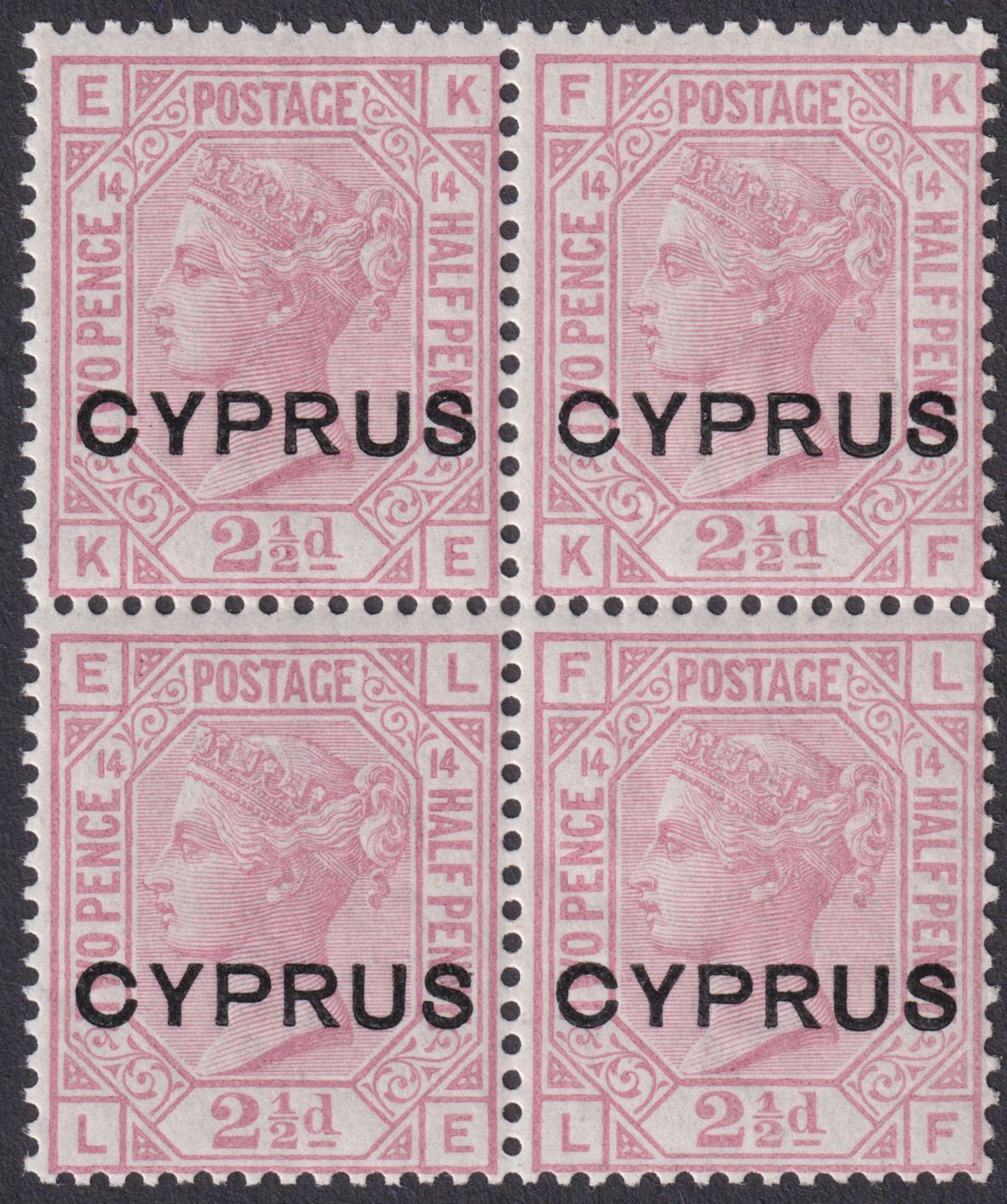 Cyprus 1880 QV Overprint GB 2½d Rosy Mauve Plate 14 Block of 4 UM Mint SG3 c £18