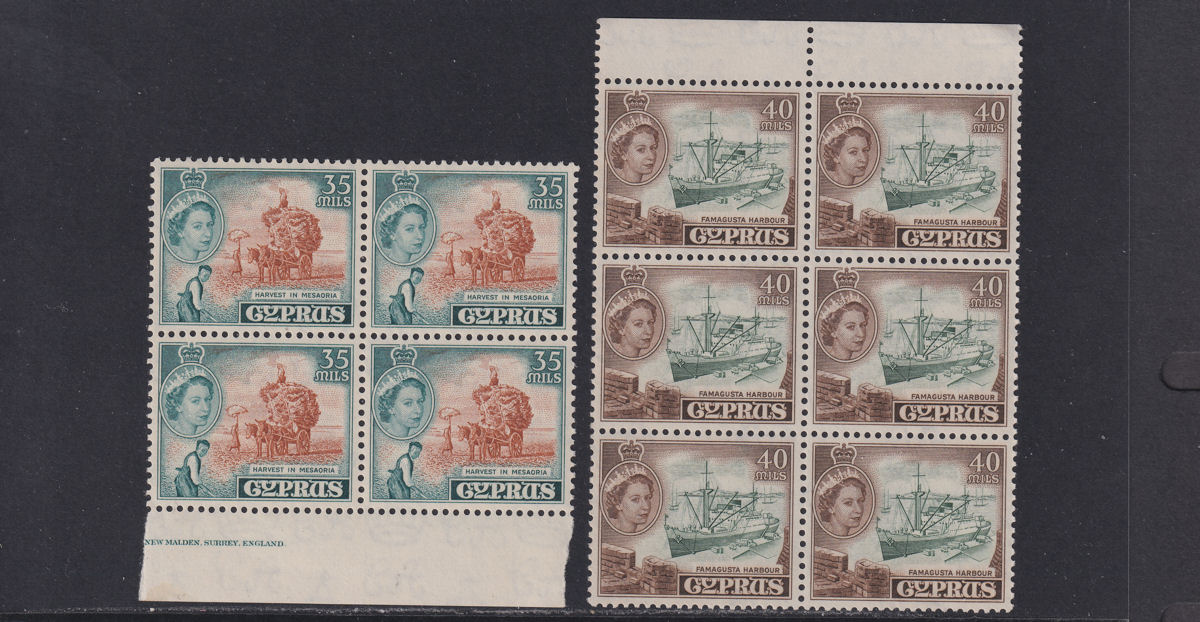 Cyprus 1955 Queen Elizabeth II Part Set to 40m Blocks/Pairs Mint
