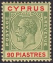 Click for more photos and details Cyprus 1924 KGV 90pi Green and Red on Yellow Mint SG117 cat £140