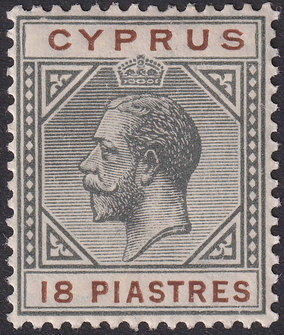 Cyprus 1923 KGV 18pi Black and Brown Mint SG98 cat £95 small gum loss