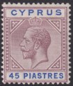 Click for more photos and details Cyprus 1915 KGV 45pi Dull Purple and Ultramarine Mint SG84 cat £150