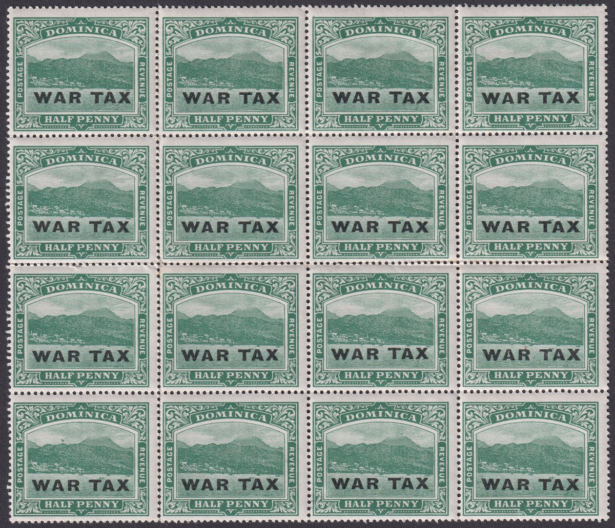 Dominica 1918 KGV Roseau War Tax Overprint ½d Deep Green Block of 16 Mint SG57