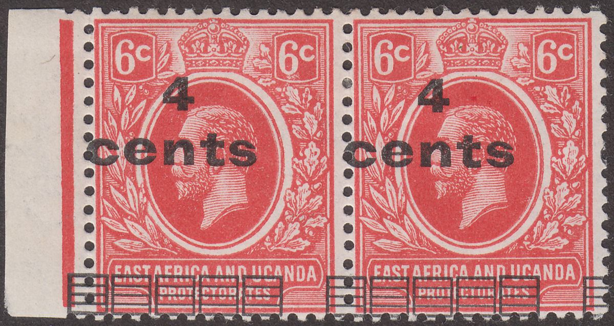 East Africa and Uganda 1919 KGV 4c on 6c Pair w Bars Bottom Surcharge Mint SG64