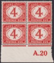 Egypt 1922 KGV Postage Due 4m Scarlet A20 Marginal Block of 4 Mint SG D100 c £48