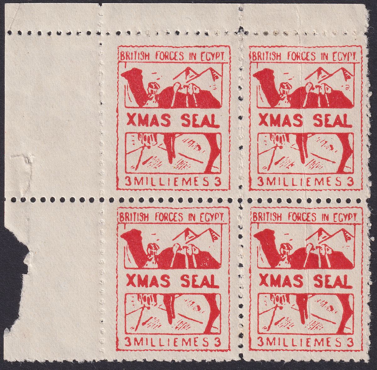 British Forces in Egypt 1935 KGV Xmas Seal 3m Vermilion Block of 4 Mint SG A6