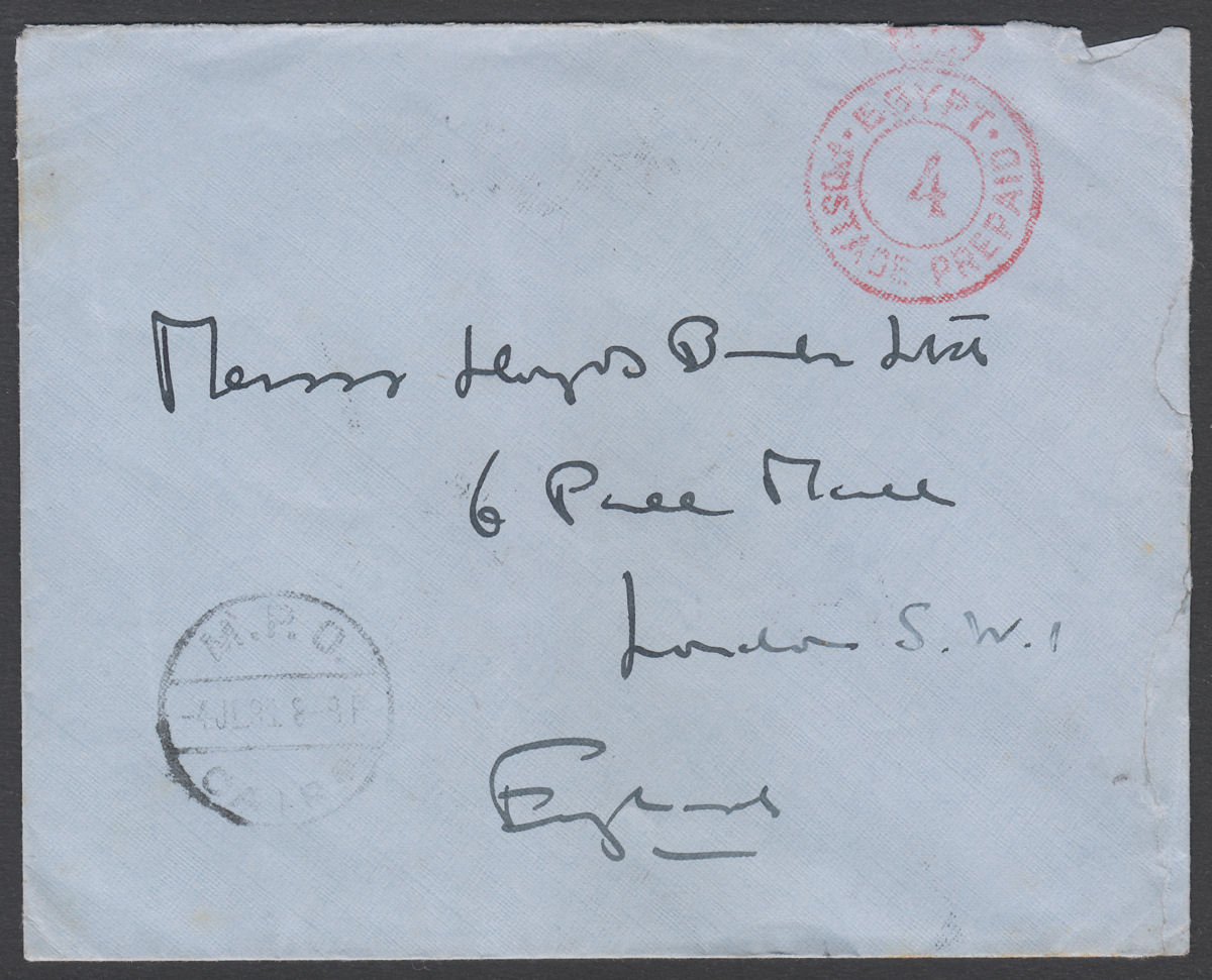 British Forces in Egypt 1934? KGV Postal Seal 1p Used on Cover CAIRO to LONDON