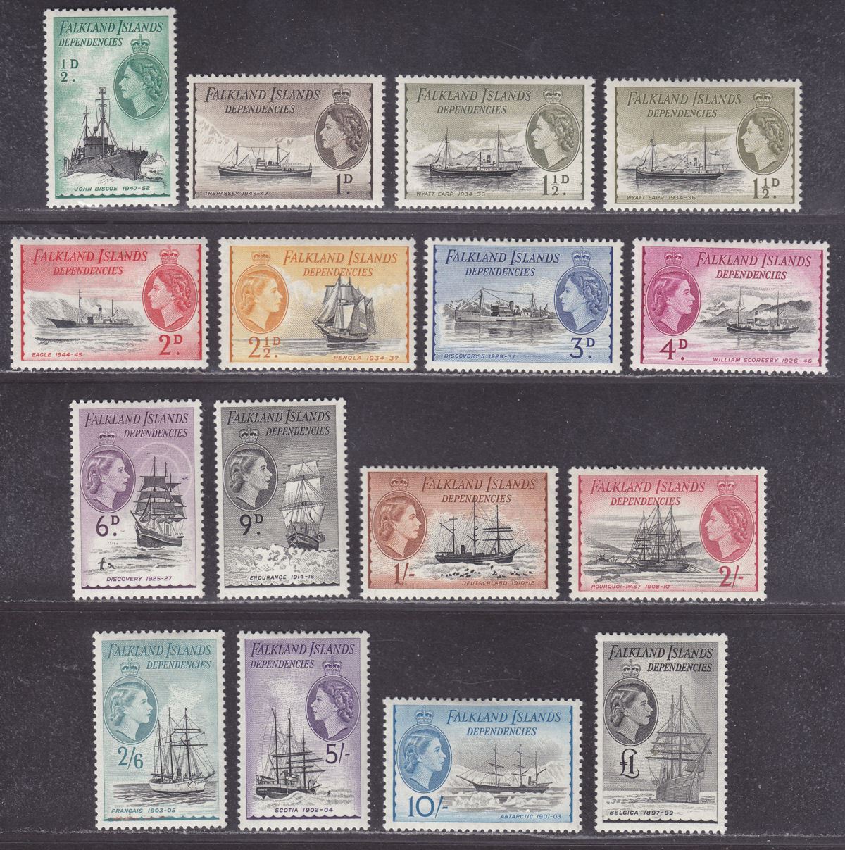 Falkland Islands Dependencies 1954 QEII Ships Set Mint SG G26-G40 cat £200