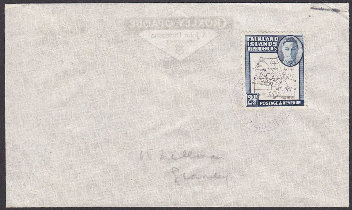 Falkland Islands Dependencies 1950 KGVI Map 2½d Cover Used to Stanley