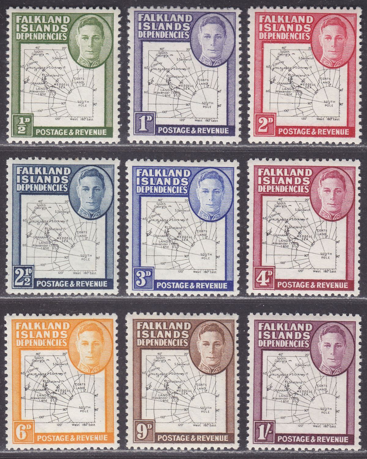 Falkland Islands Dependencies 1948 KGVI Thin Map Set Mint SG G9-G16 cat £90