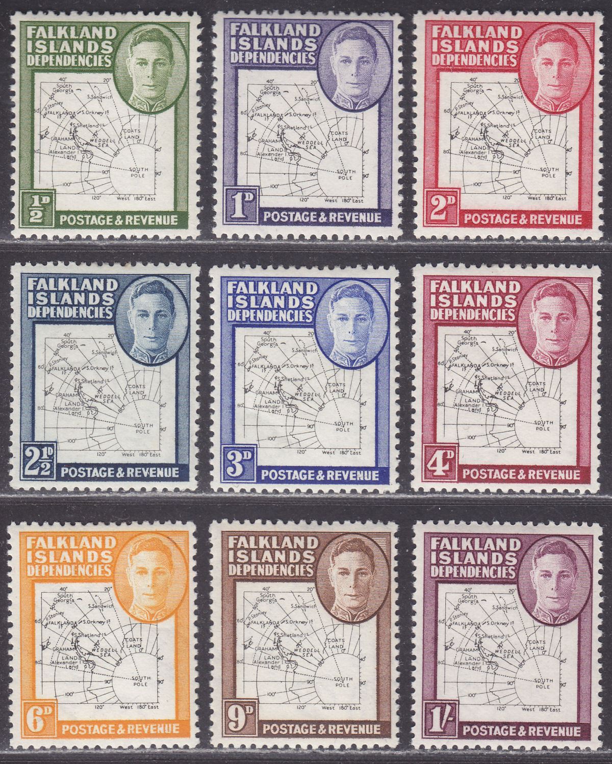 Falkland Islands Dependencies 1948 KGVI Thin Map Set Mint SG G9-G16 cat £90