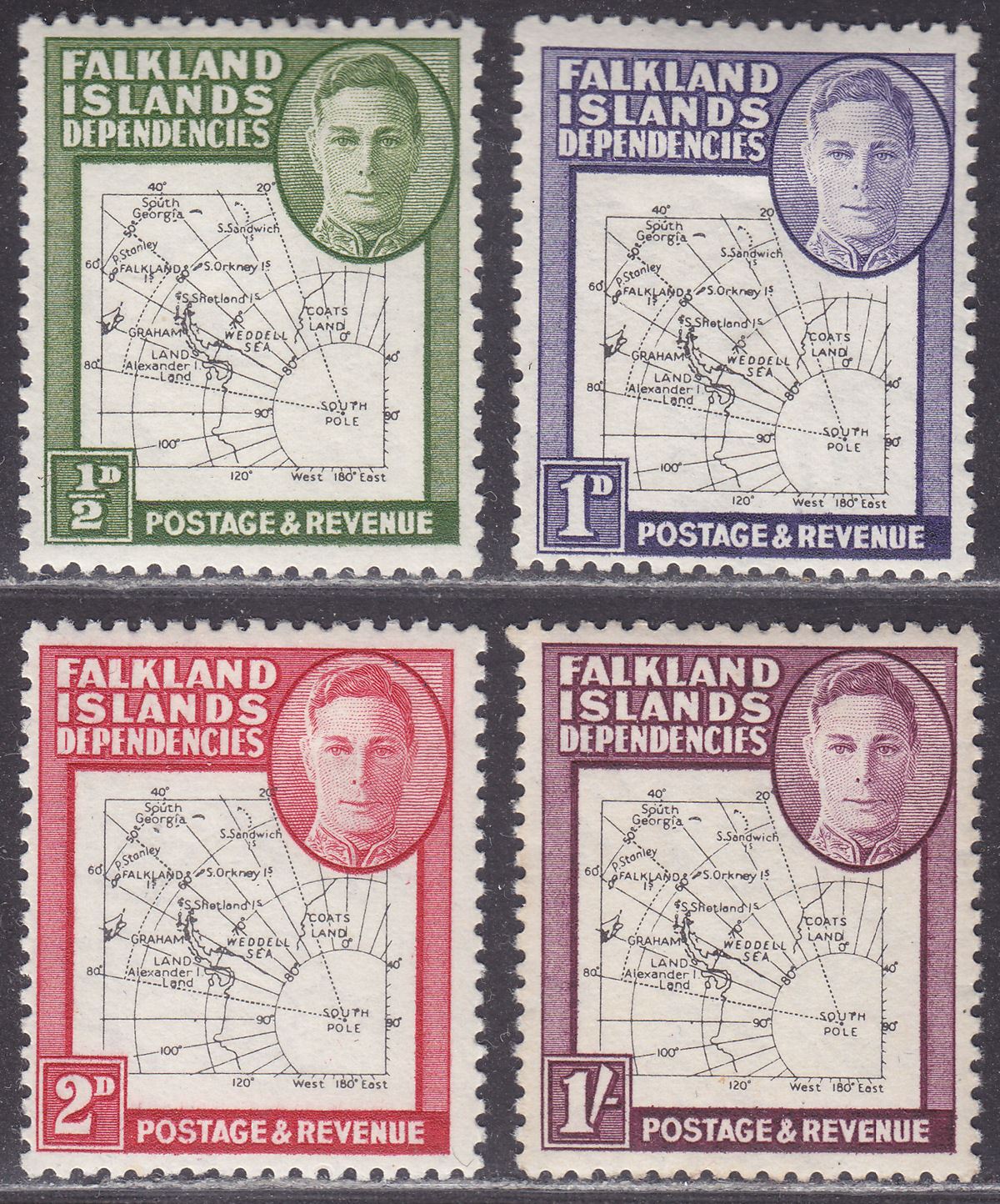 Falkland Islands Dependencies 1948 KGVI Thin Map Dot in T Selection to 1sh Mint