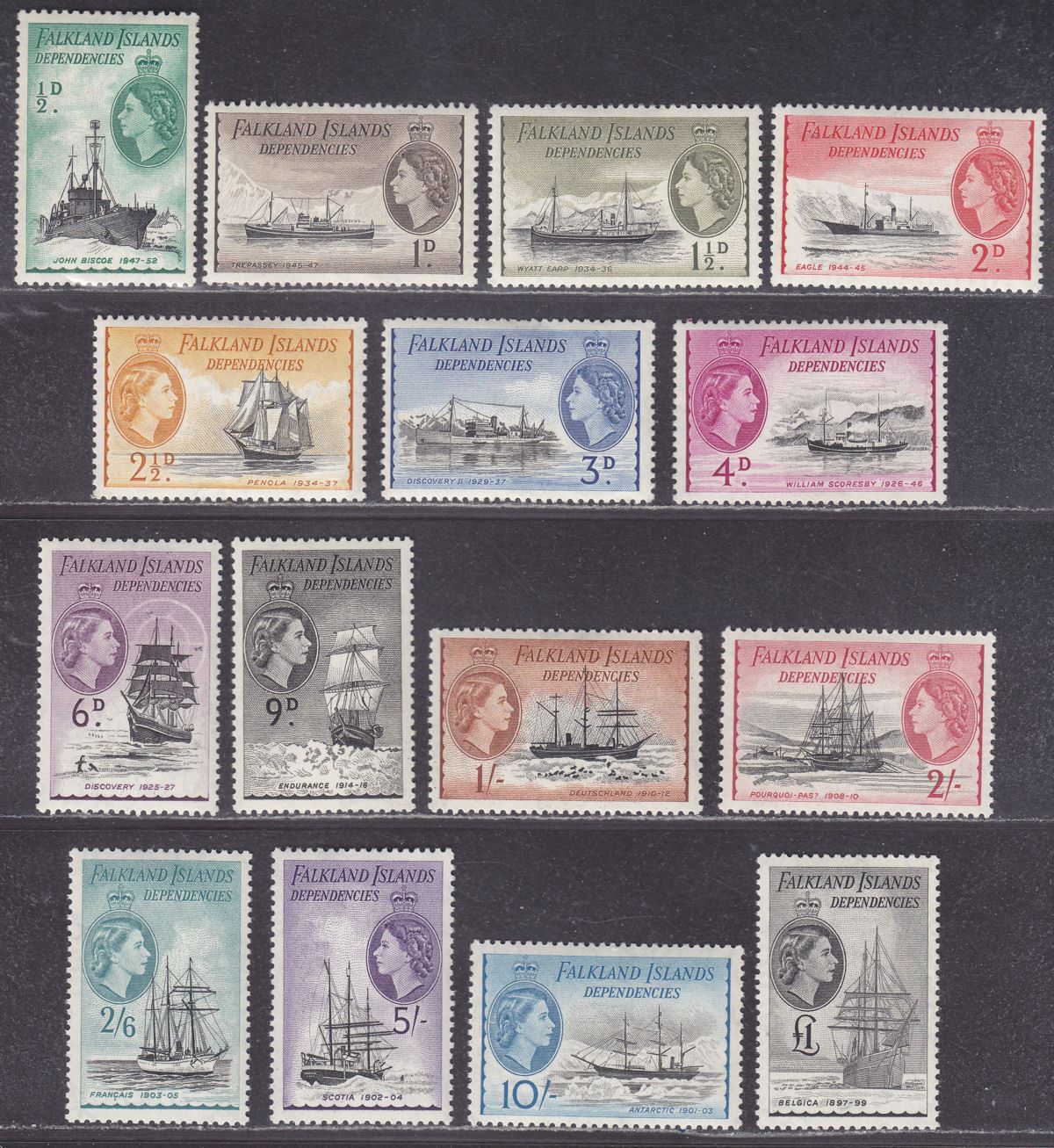 Falkland Islands Dependencies 1954 QEII Ships Set Mint SG G26-G40 cat £200