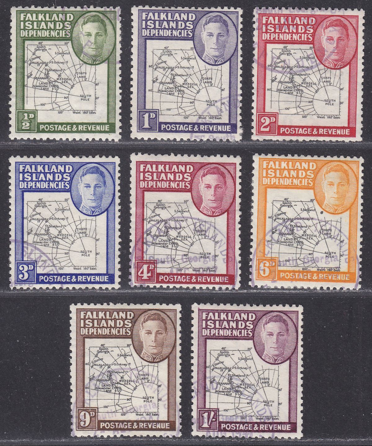 Falkland Islands Dependencies 1946 KGVI Thick Map Set Used SG G1-G8 cat £27