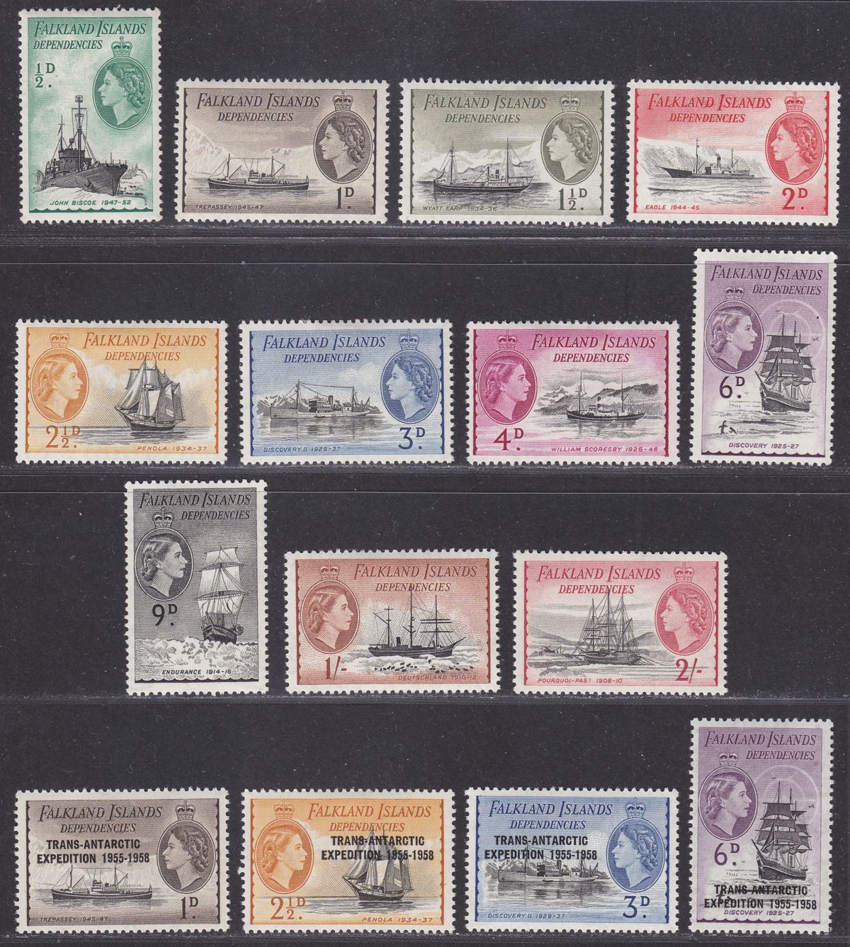 Falkland Islands Dependencies 1954 QEII Ships Set to 2sh Mint SG G26-G36 c £50
