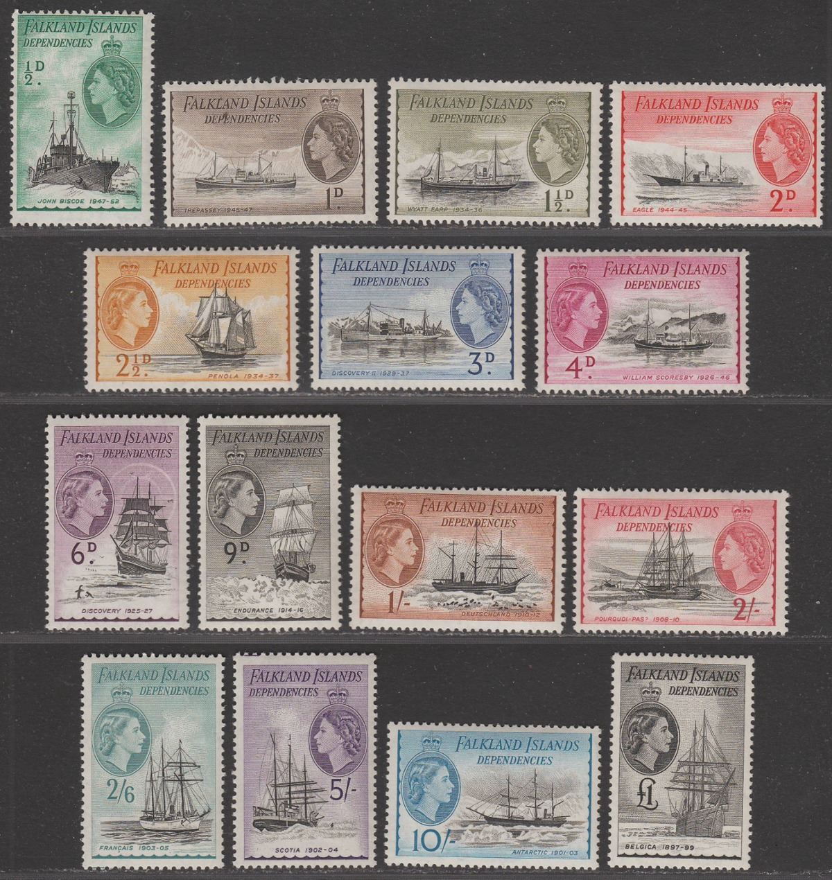 Falkland Islands Dependencies 1954 QEII Ships Set Mint SG G26-G40 cat £225