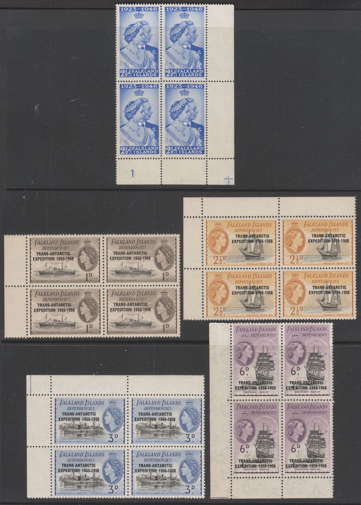 Falkland Islands Depend 1956 QEII Trans-Antarctic Overprint Block Set Mint
