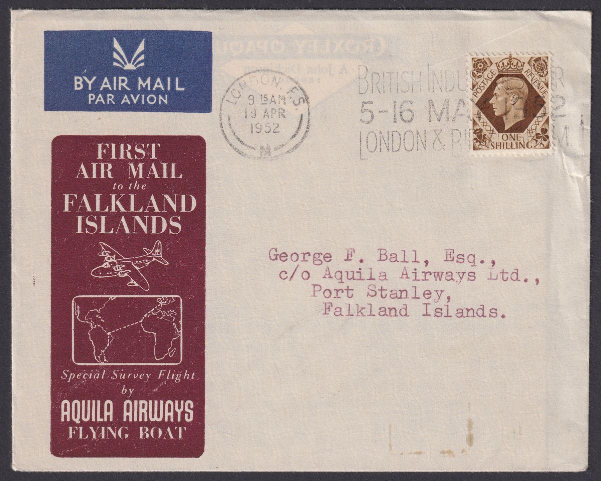 Falkland Islands 1952 KGVI GB 1sh Used on First Airmail Aquila Flying Boat Cover