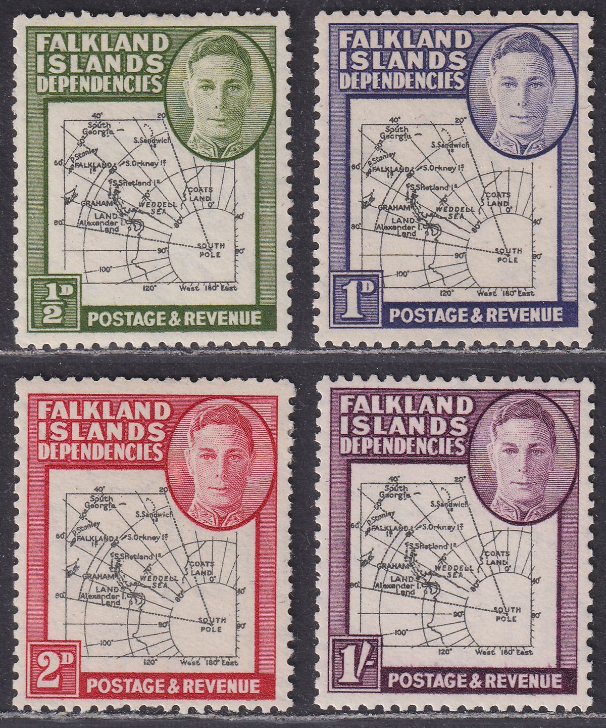 Falkland Islands Dependencies 1946 KGVI Thick Map ½d 1d 2d 1sh Gap Variety Mint
