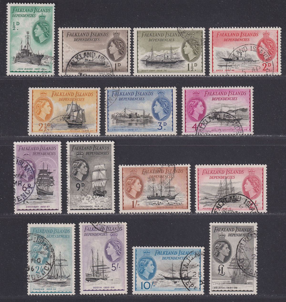 Falkland Islands Dependencies 1954 QEII Ships Set Used SG G26-G40 cat £140