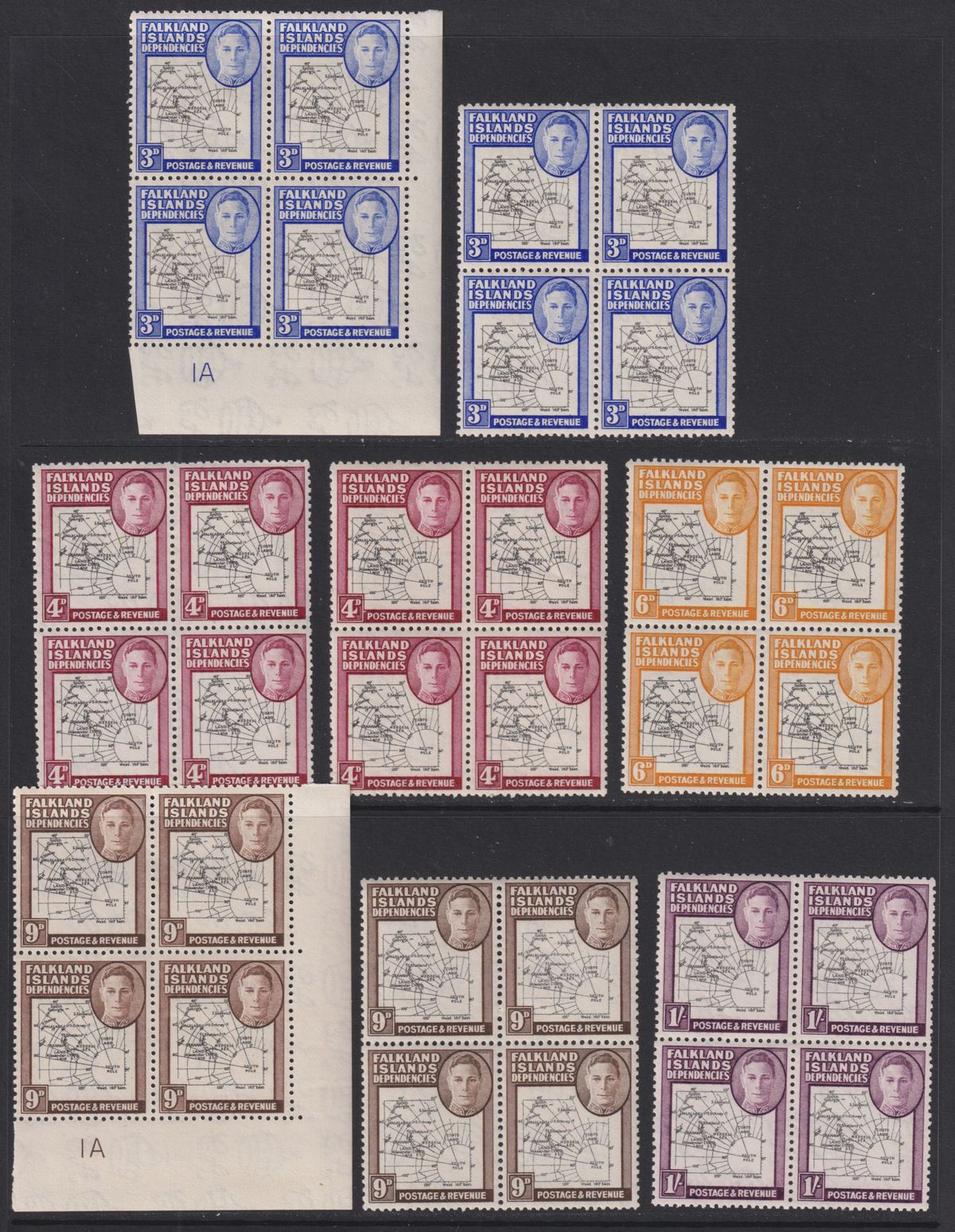 Falkland Islands Dependencies 1946 KGVI Thick Map Gap Block Set Mint SG G1-G8a