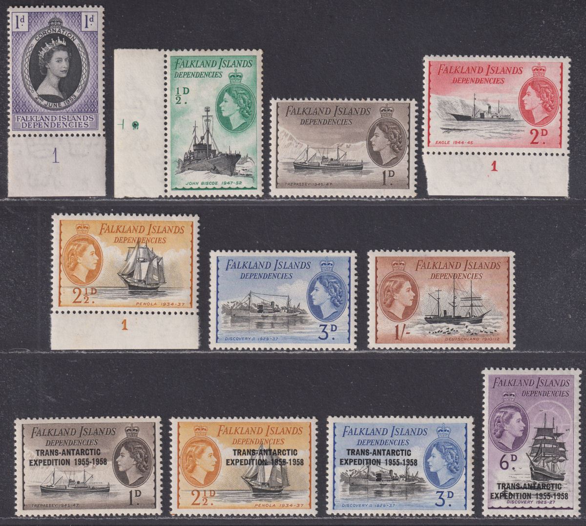 Falkland Islands Dependencies 1953-56 QEII Selection Mint - some faults