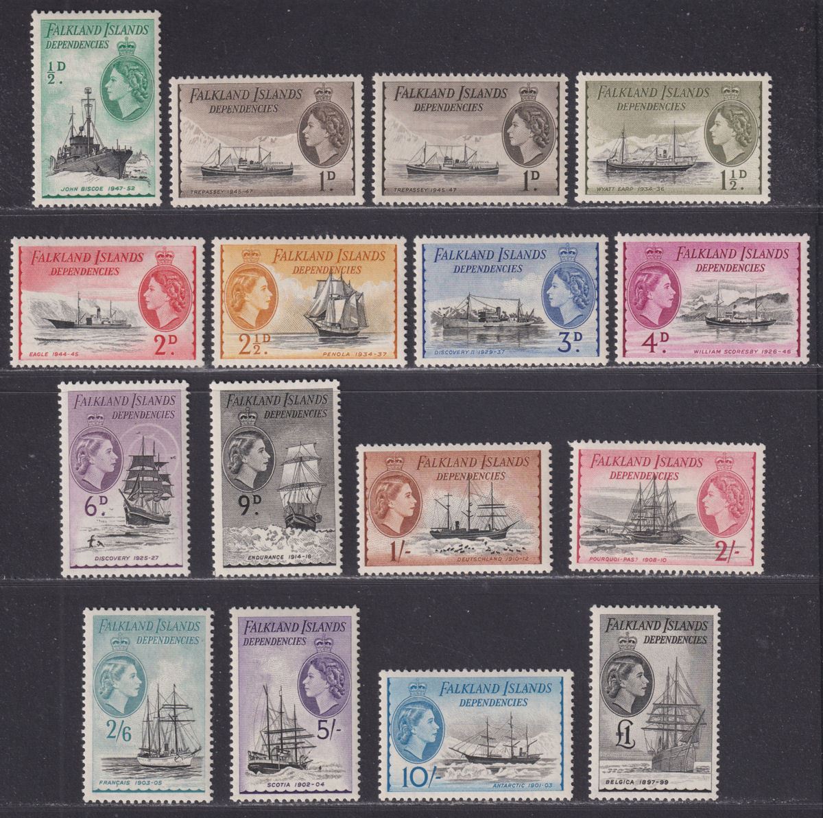 Falkland Islands Dependencies 1954 QEII Ships Set Mint SG G26-G40 cat £225