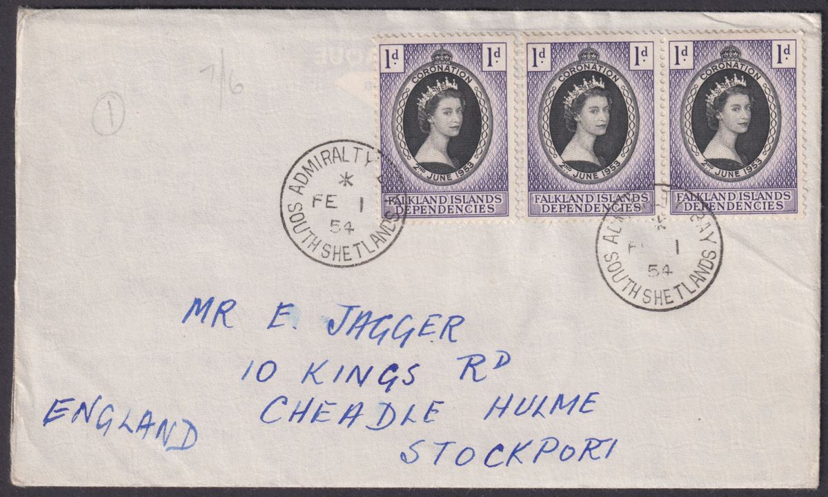 Falkland Islands Dependencies 1954 QEII 1d Used Cover w ADMIRALITY BAY Postmark
