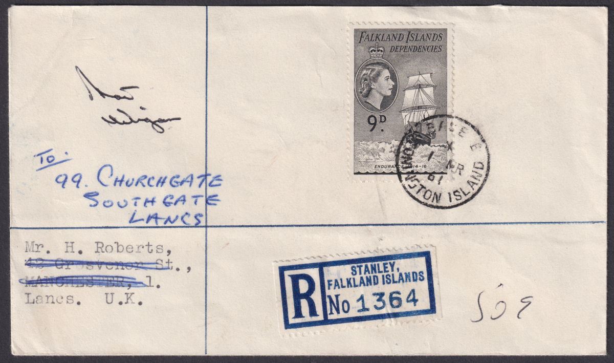 Falkland Islands Dependencies 1961 QEII Ships 9d Registered Cover STONINGTON IS