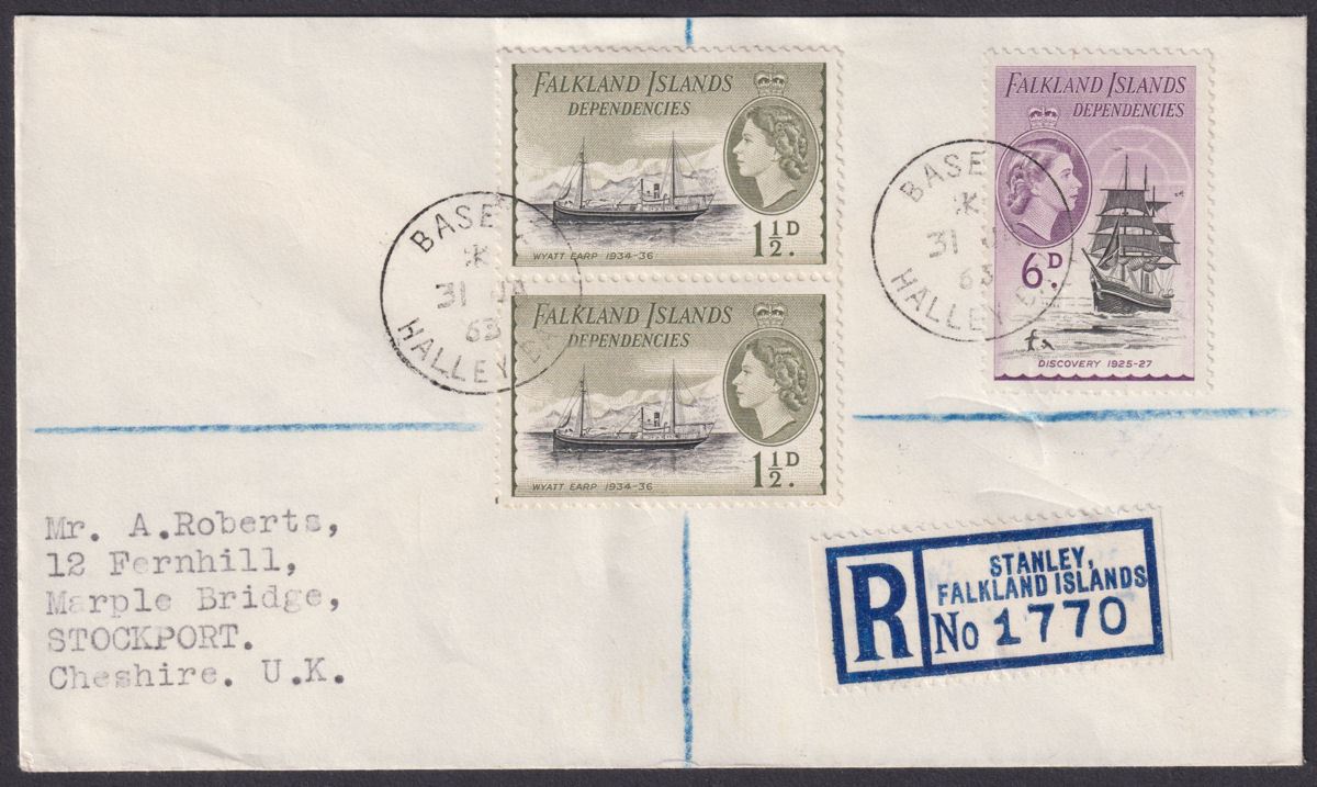 Falkland Islands Dependencies 1963 QEII Ships 6d, 1½d x2 Regd Cover HALLEY BAY
