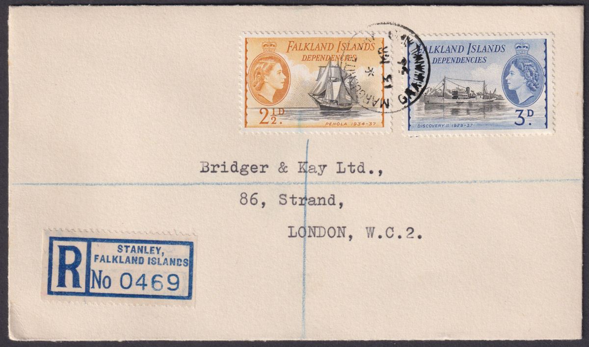 Falkland Islands Dependencies 1956 QEII Ships 3d, 2½d Regd Cover MARGUERITE BAY