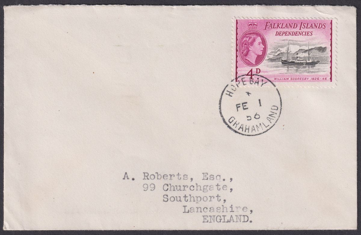 Falkland Islands Dependencies 1956 QEII Ships 4d Used on Cover HOPE BAY Postmark