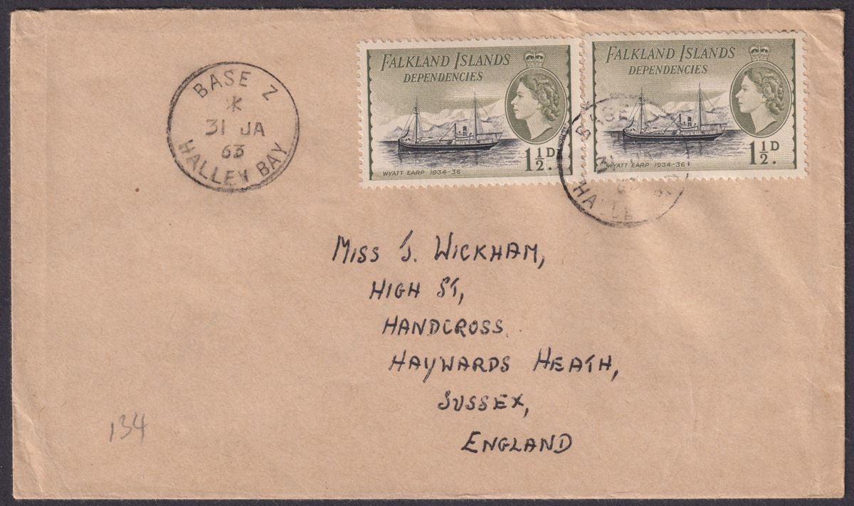 Falkland Islands Dependencies 1963 QEII Ships 1½d x 2 Used Cover HALLEY BAY Pmk